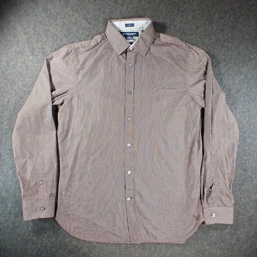 American Eagle Button Down Shirt Mens Medium Brown Striped Slim Fit Long Sleeve